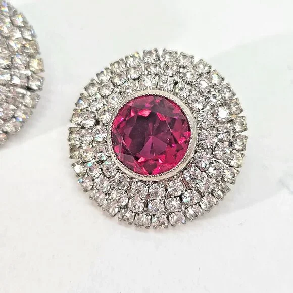 Hobé Ruby Red Rhinestone Clip Earrings Silver Tone Round Halo Art Deco Regency - Picture 2 of 9